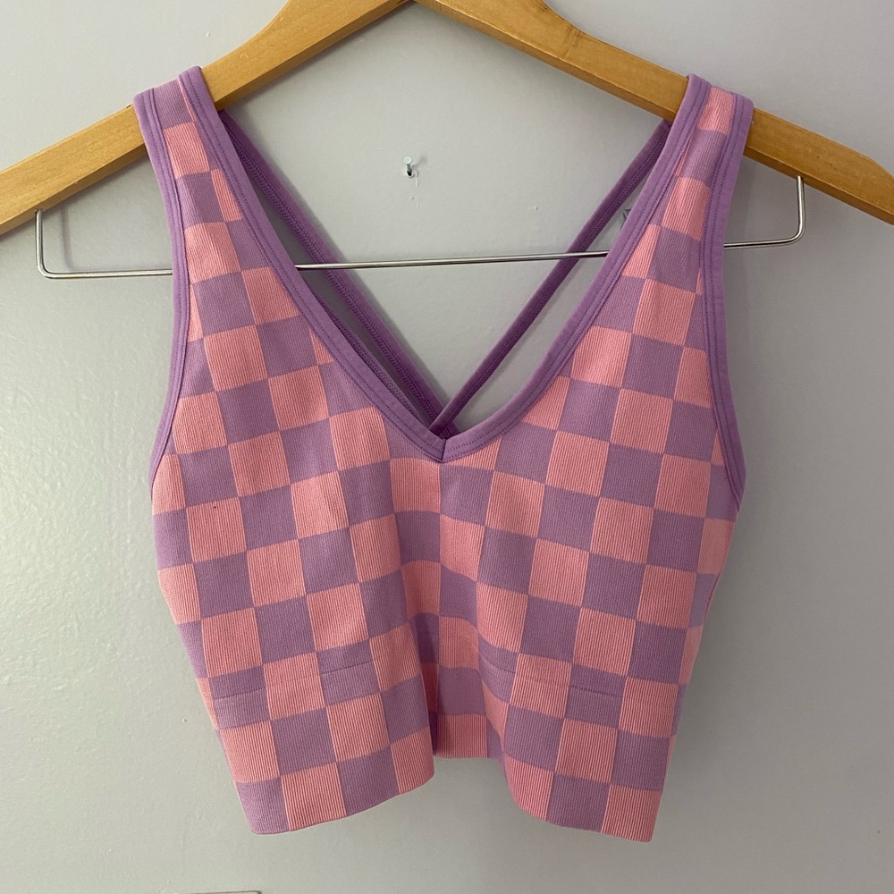 Purple and pink checkered workout top